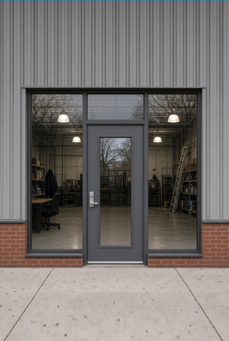 Black-framed storefront door and glass windows on a metal building