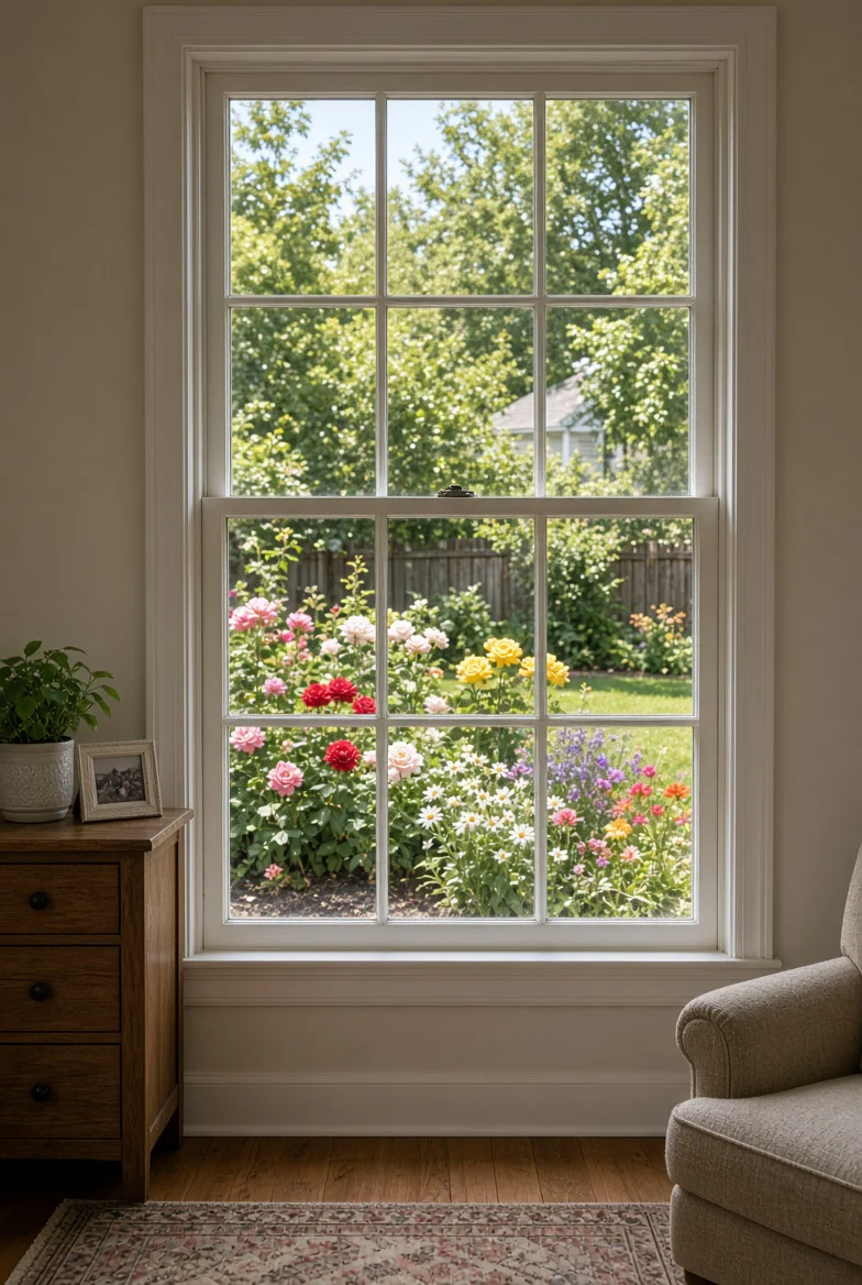 Bedroom Garden Double-hung grid window overlooking a flower garden