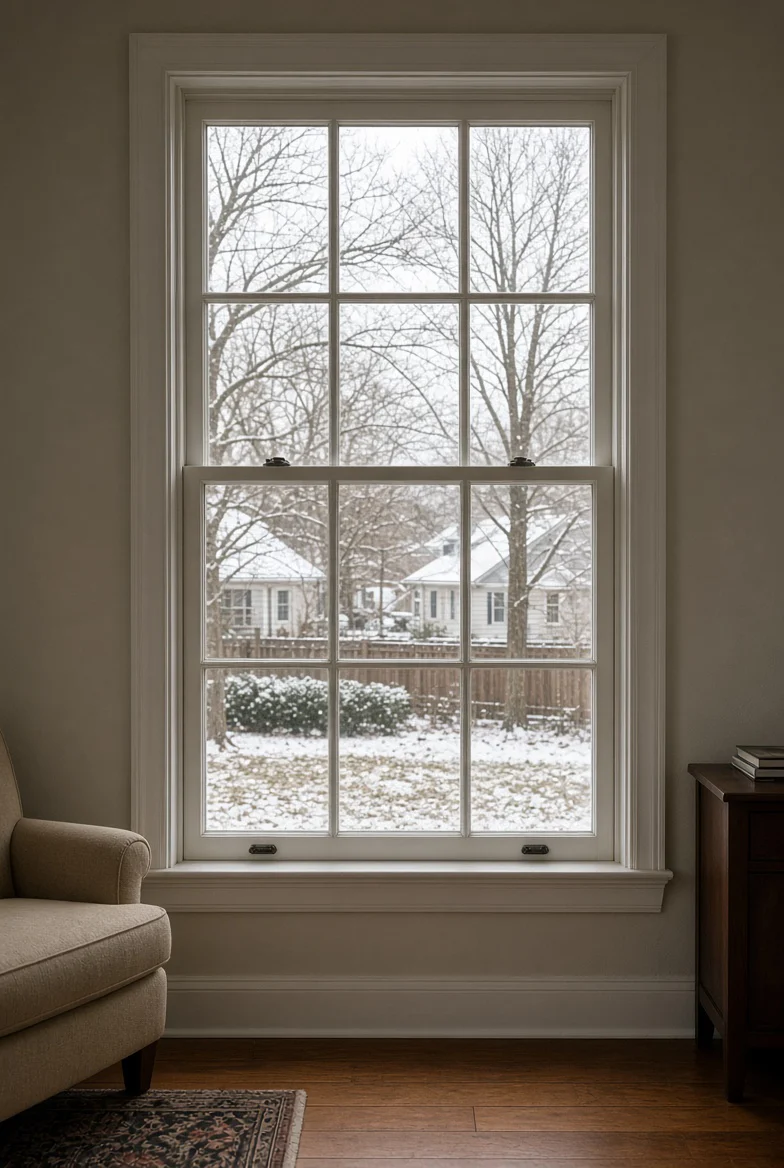 Double-hung grid window overlooking a snowy yard