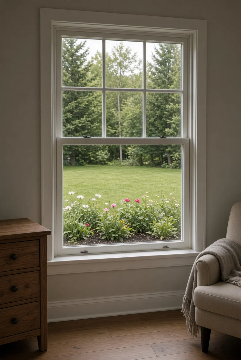 Double-hung window overlooking a lawn and flower beds