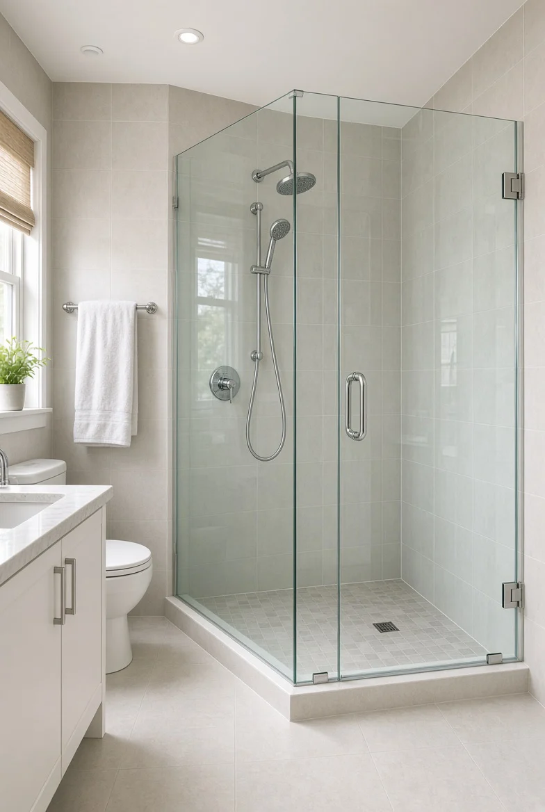 Frameless glass corner shower with chrome fixtures