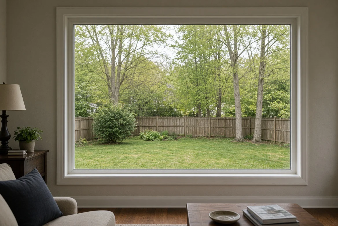 Large picture window in a family room facing a wooded yard