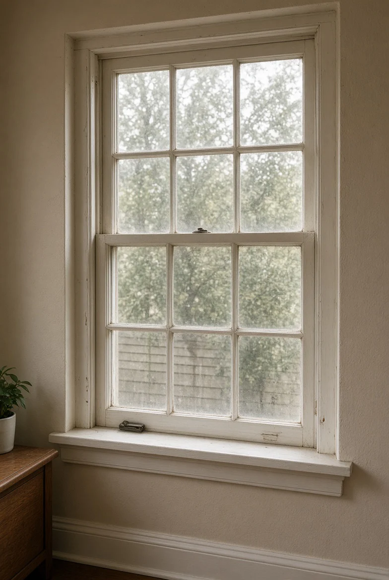 Old Bedroom Window Old divided-light window in a dim bedroom