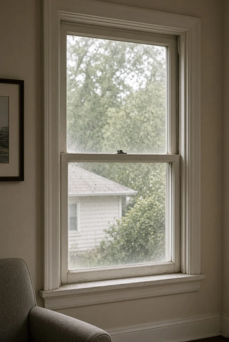 Dirty Old Window Old hazy double-hung window with a house outside