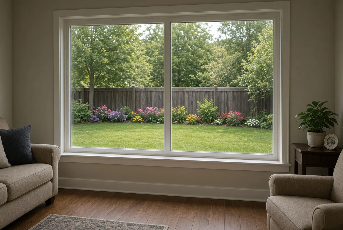 Livingroom Window Flowers Wide picture window in a living room facing a flower garden
